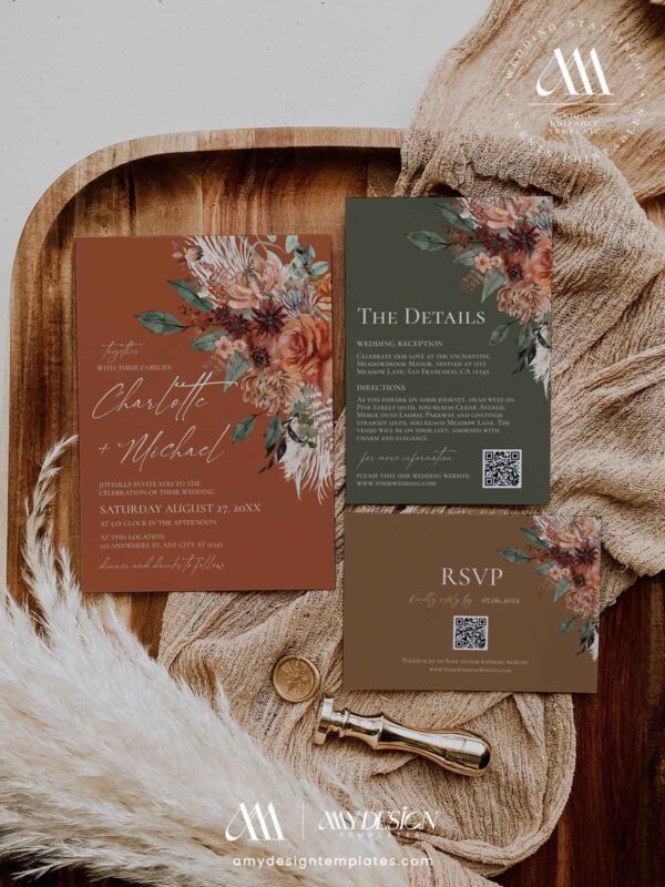 Terracotta Emerald Olive Wedding Invitation Suite Template Printable | Rust Green Floral RSVP Card Set | Boho Autumn Botanical Marriage Invite