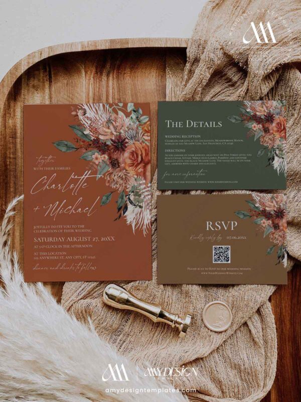 Terracotta Emerald Olive Wedding Invitation Suite Template Printable | Rust Green Floral RSVP Card Set | Boho Autumn Botanical Marriage Terracotta Emerald Olive Wedding Invitation Suite Template Printable | Rust Green Floral RSVP Card Set | Boho Autumn Botanical Marriage Invite
