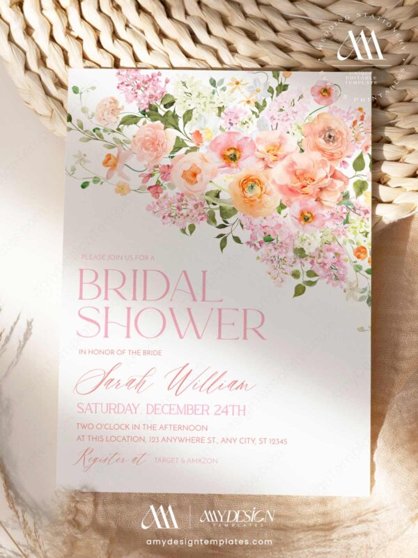 Blush Pink Watercolor Floral Bridal Shower Invitation Card | Printable Peony Peach Wedding Shower Template | Editable Garden Hen Party Invite