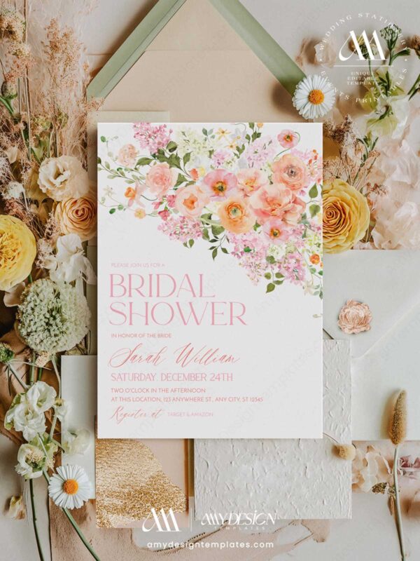 Blush Pink Watercolor Floral Bridal Shower Invitation Card | Printable Peony Peach Wedding Shower Template | Editable Garden Hen Party Invite