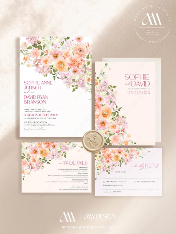 Peach Floral Wedding Invitation Suite Template Printable | Soft Pink Botanical RSVP Card Set | Watercolor Garden Rose Marriage Invite
