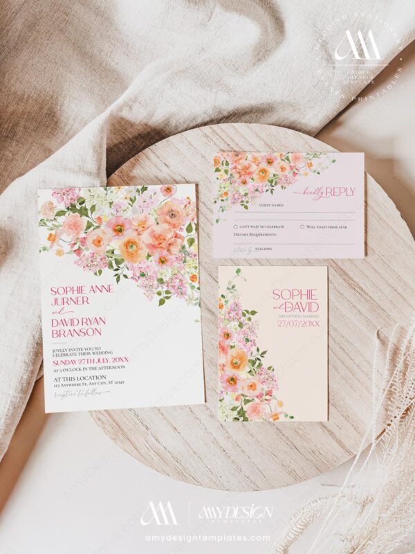 Peach Floral Wedding Invitation Suite Template Printable | Soft Pink Botanical RSVP Card Set | Watercolor Garden Rose Marriage Invite
