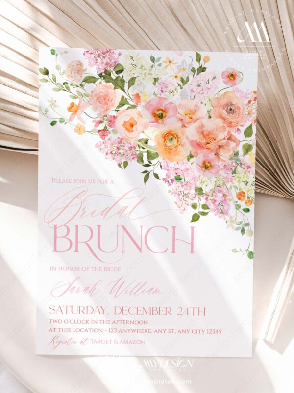 Pink Peach Floral Bridal Brunch Invitation Template Printable | Watercolor Spring Flower Bridal Shower Invite | Editable Blush Pink Marriage Card