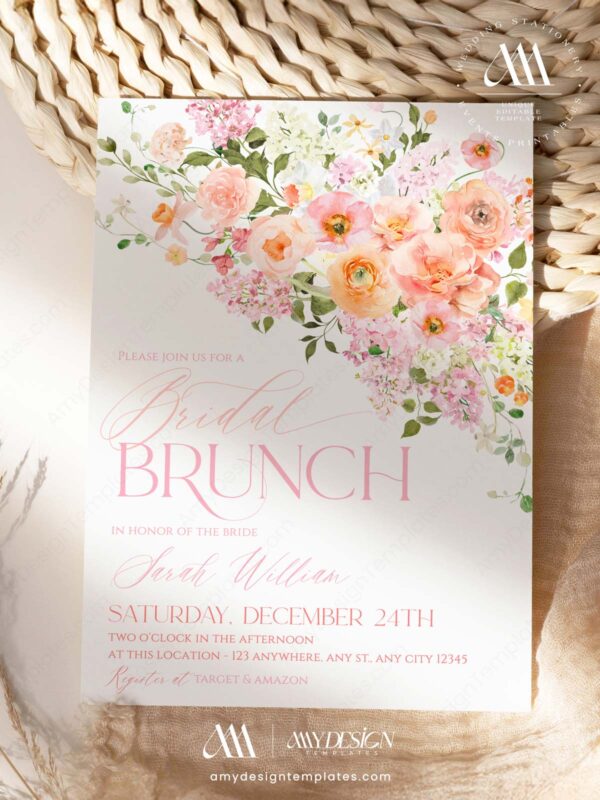 Pink Peach Floral Bridal Brunch Invitation Template Printable | Watercolor Spring Flower Bridal Shower Invite | Editable Blush Pink Marriage Card Pink Peach Floral Bridal Brunch Invitation Template, Watercolor Flowers Bridal Shower Invite, Editable Blush Pink Wedding Shower Card, Printable Invite