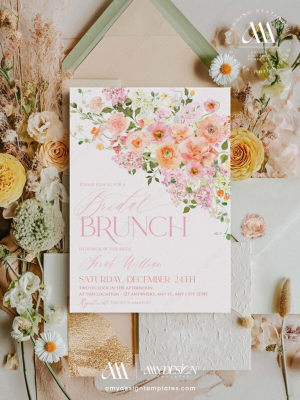 Pink Peach Floral Bridal Brunch Invitation Template Printable | Watercolor Spring Flower Bridal Shower Invite | Editable Blush Pink Marriage Card