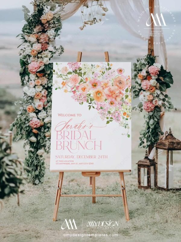 Pink Peach Floral Bridal Brunch Welcome Sign Template Printable | Watercolor Spring Flower Bridal Shower Board | Editable Blush Pink Entrance Poster