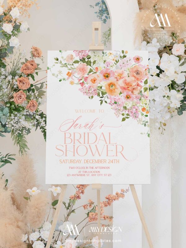 Spring Garden Floral Bridal Shower Welcome Sign Template | Printable Peach Watercolor Flower Entrance Board | Editable Large Wedding Party Poster