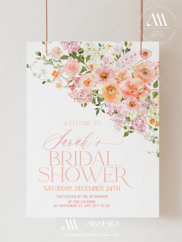 Spring Garden Floral Bridal Shower Welcome Sign Template | Printable Peach Watercolor Flower Entrance Board | Editable Large Wedding Party Poster