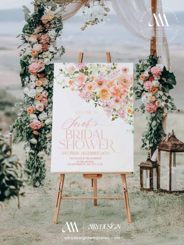 Spring Garden Floral Bridal Shower Welcome Sign Template | Printable Peach Watercolor Flower Entrance Board | Editable Large Wedding Party Poster Spring Garden Floral Bridal Shower Welcome Sign Template | Printable Peach Watercolor Flower Entrance Board | Editable Large Wedding Party Poster