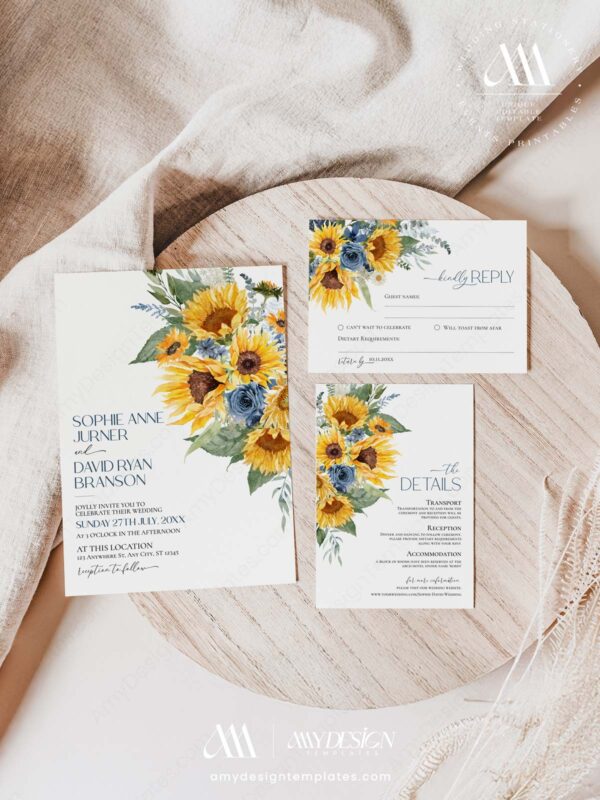 Dusty Blue Sunflower Wedding Invitation Suite Template Printable | Rustic Yellow Floral RSVP Stationery | Summer Country Wedding Invite Set