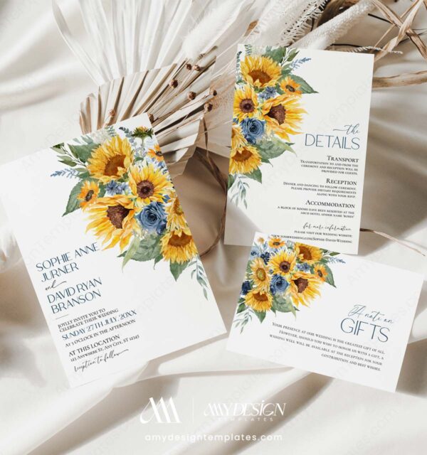 Dusty Blue Sunflower Wedding Invitation Suite Template Printable | Rustic Yellow Floral RSVP Stationery | Summer Country Wedding Invite Set