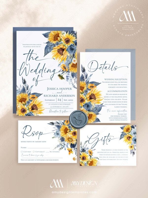 Sunflower & Dusty Blue Watercolor Wedding Invitation Suite Template