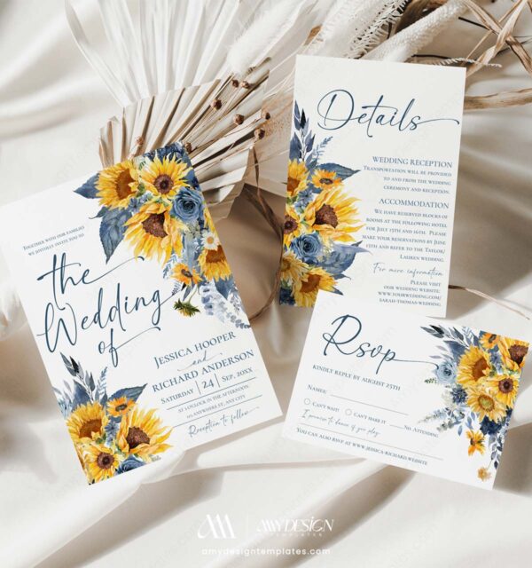 Sunflower & Dusty Blue Watercolor Wedding Invitation Suite Template