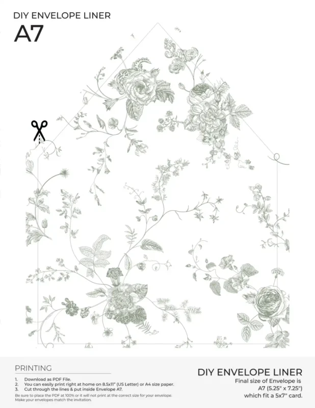 Free Printable A7 Envelope Liners: Vintage Botanical Toile Collection Sage Green Toile Envelope Liners A7 Free Download Envelope Liner Template Amy Design