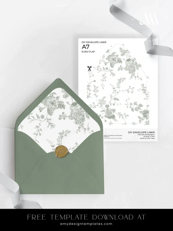 Free Printable A7 Envelope Liners: Vintage Botanical Toile Collection Sage Green Toile Envelope Liners Free Download DIY Enveloper A7 Template