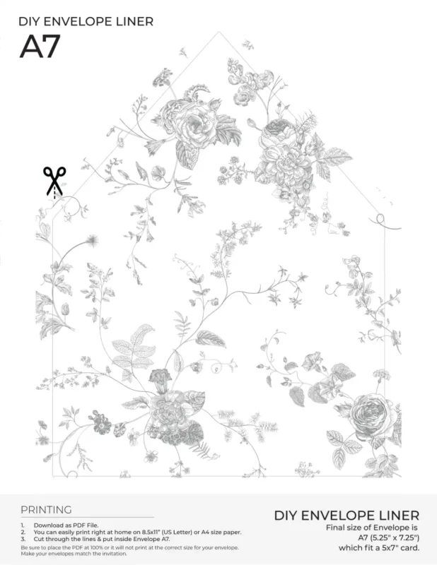 Free Printable A7 Envelope Liners: Vintage Botanical Toile Collection Monogram Toile Slate Grey Vintage Floral Envelope Liners A7 Free Download Envelope Liner Template Amy Design