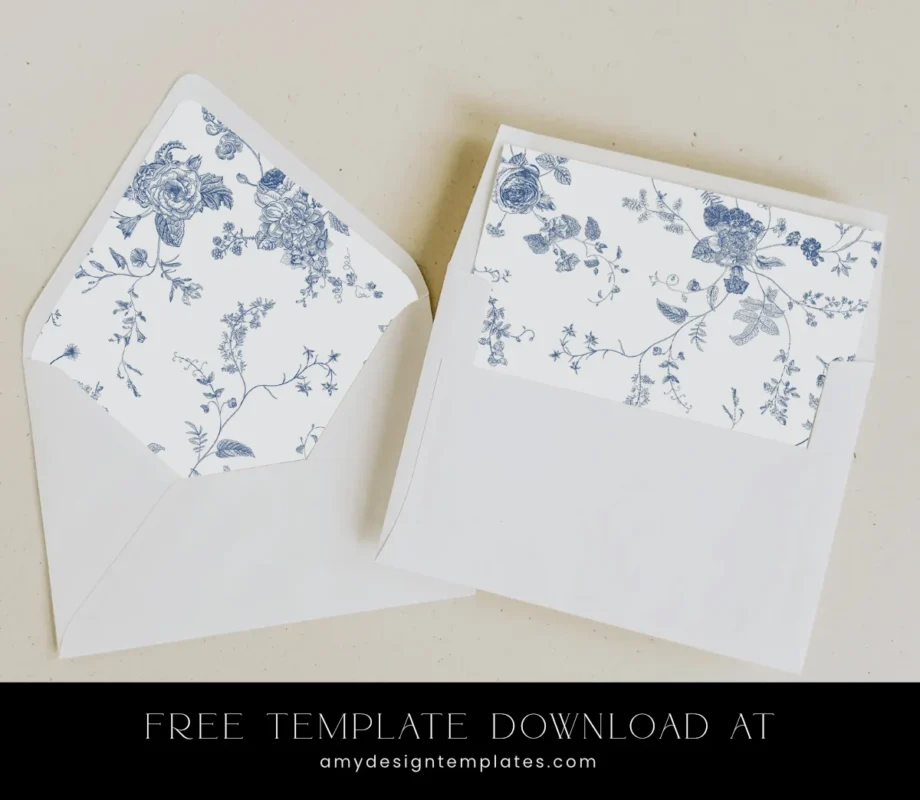 Free Printable A7 Envelope Liners: Vintage Botanical Toile Collection Something Blue Chinoiserie Pattern Free DIY Envelope Liner Template Amy Design