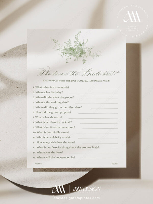 Sage Green Floral Who Knows The Bride Best Game Template | Printable Botanical Bridal Shower Game Sheet | Editable Eucalyptus Party Activity