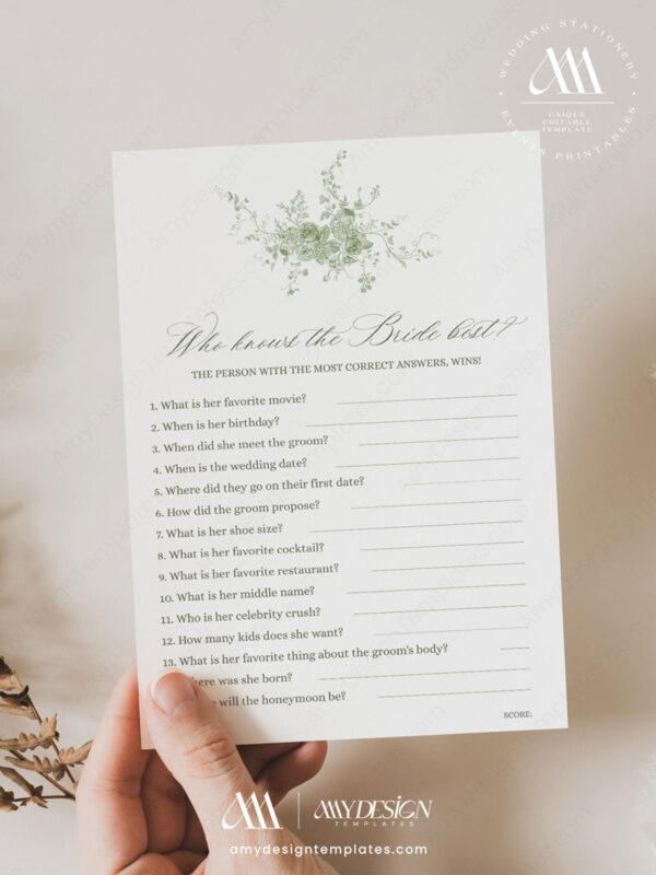 Sage Green Floral Who Knows The Bride Best Game Template | Printable Botanical Bridal Shower Game Sheet | Editable Eucalyptus Party Activity