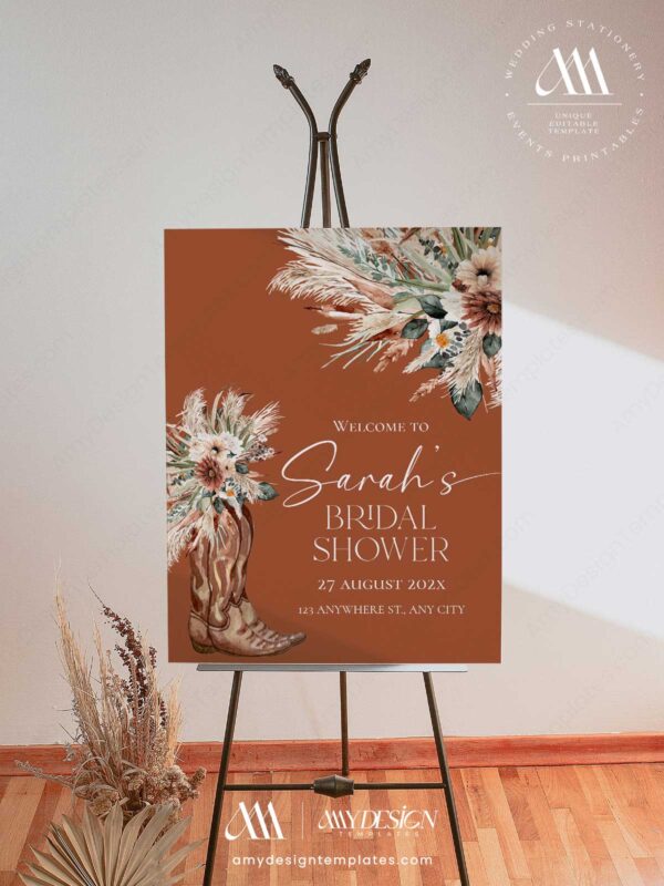 Terracotta Western Boho Bridal Shower Welcome Sign Template | Printable Cowgirl Boot Pampas Grass Board | Editable Vertical Entrance Display
