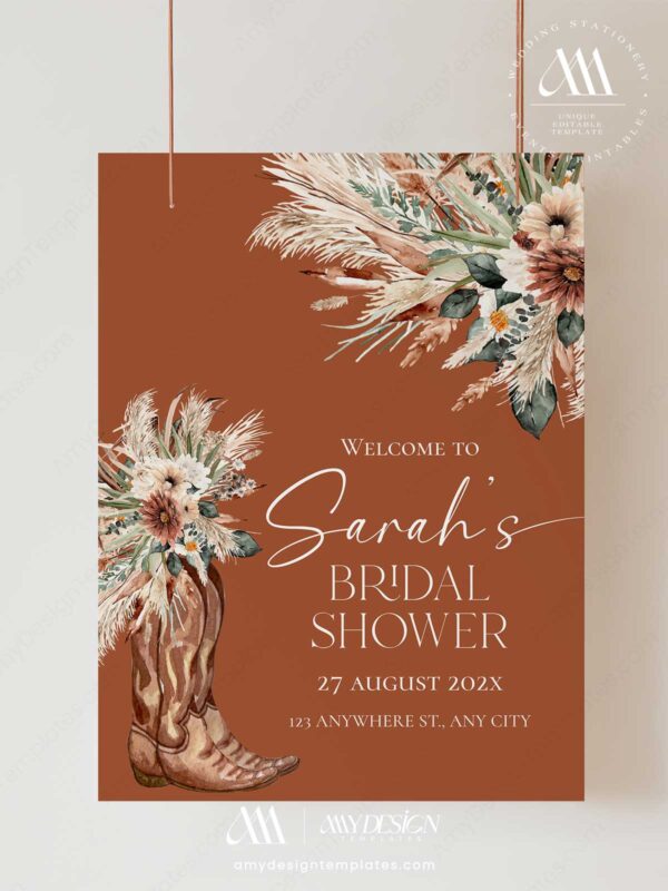 Terracotta Western Boho Bridal Shower Welcome Sign Template | Printable Cowgirl Boot Pampas Grass Board | Editable Vertical Entrance Display Terracotta Western Boho Bridal Shower Welcome Sign Template | Printable Cowgirl Boot Pampas Grass Board | Editable Vertical Entrance Display