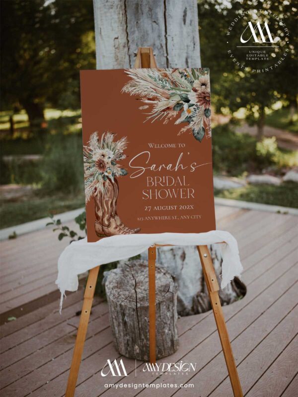 Terracotta Western Boho Bridal Shower Welcome Sign Template | Printable Cowgirl Boot Pampas Grass Board | Editable Vertical Entrance Display