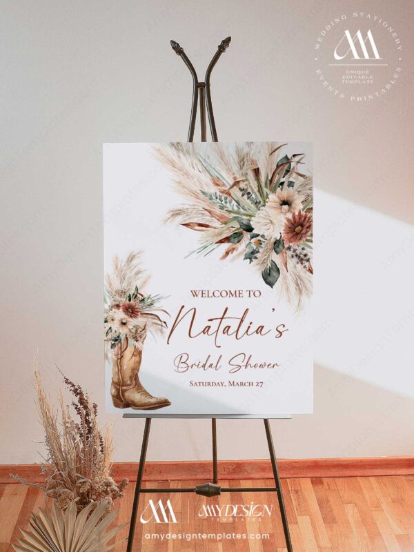 Western Boho Country Botanical Bridal Shower Welcome Sign Template | Printable Cowgirl Boot White Dried Rose Pampas Grass Board | Editable White Vertical Entrance Display