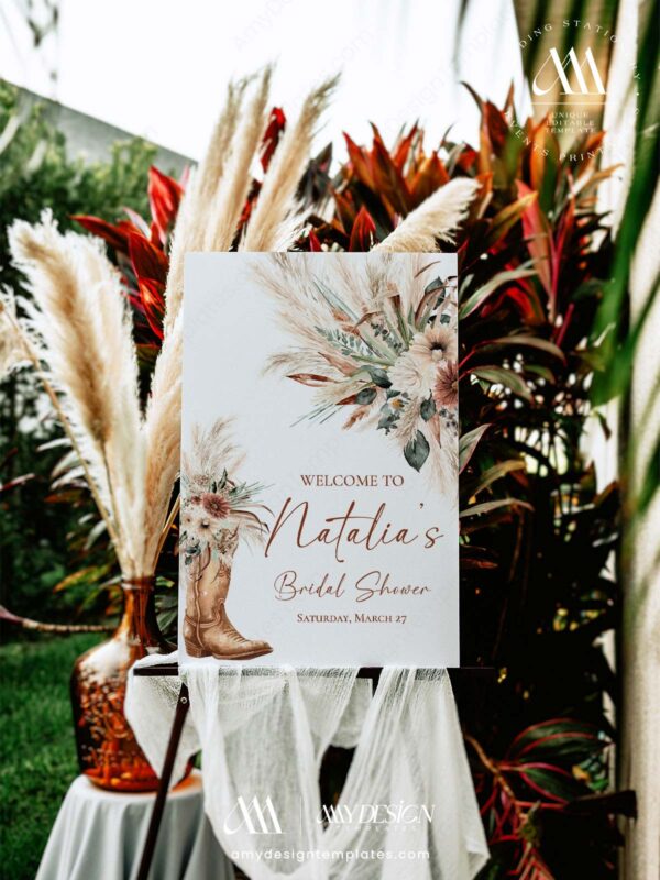 Western Boho Country Botanical Bridal Shower Welcome Sign Template | Printable Cowgirl Boot White Dried Rose Pampas Grass Board | Editable White Vertical Entrance Display Western Boho Country Botanical Bridal Shower Welcome Sign Template | Printable Cowgirl Boot White Dried Rose Pampas Grass Board | Editable White Vertical Entrance Display