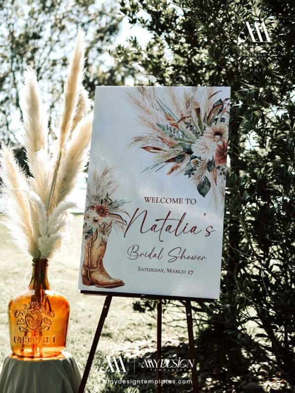 Western Boho Country Botanical Bridal Shower Welcome Sign Template | Printable Cowgirl Boot White Dried Rose Pampas Grass Board | Editable White Vertical Entrance Display Western Boho Country Botanical Bridal Shower Welcome Sign Template | Printable Cowgirl Boot White Dried Rose Pampas Grass Board | Editable White Vertical Entrance Display