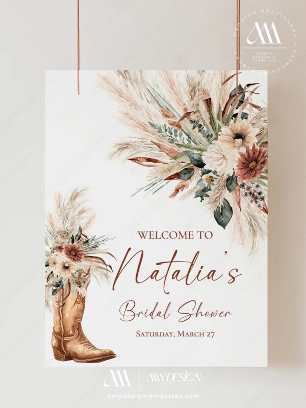 Western Boho Country Botanical Bridal Shower Welcome Sign Template | Printable Cowgirl Boot White Dried Rose Pampas Grass Board | Editable White Vertical Entrance Display Western Boho Country Botanical Bridal Shower Welcome Sign Template | Printable Cowgirl Boot White Dried Rose Pampas Grass Board | Editable White Vertical Entrance Display
