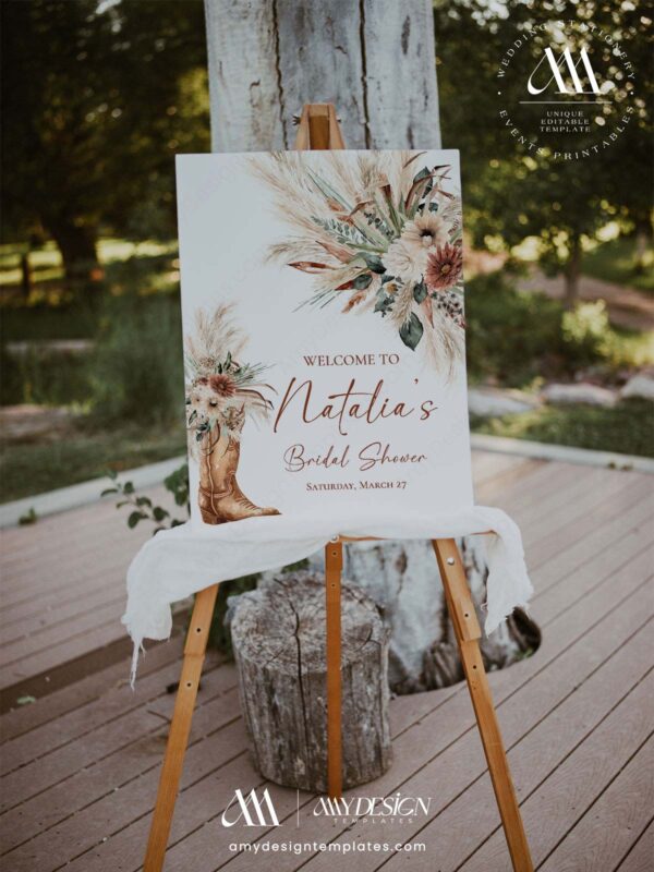 Western Boho Country Botanical Bridal Shower Welcome Sign Template | Printable Cowgirl Boot White Dried Rose Pampas Grass Board | Editable White Vertical Entrance Display Western Boho Country Botanical Bridal Shower Welcome Sign Template | Printable Cowgirl Boot White Dried Rose Pampas Grass Board | Editable White Vertical Entrance Display