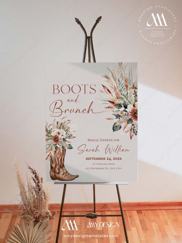 Rustic Western Boots and Brunch Neutral Bridal Shower Welcome Sign Template | Printable Cowgirl Boot Dried Floral Pampas Grass Board | Editable Beige Vertical Entrance Display Rustic Western Boots and Brunch Neutral Bridal Shower Welcome Sign Template | Printable Cowgirl Boot Dried Floral Pampas Grass Board | Editable Beige Vertical Entrance Display