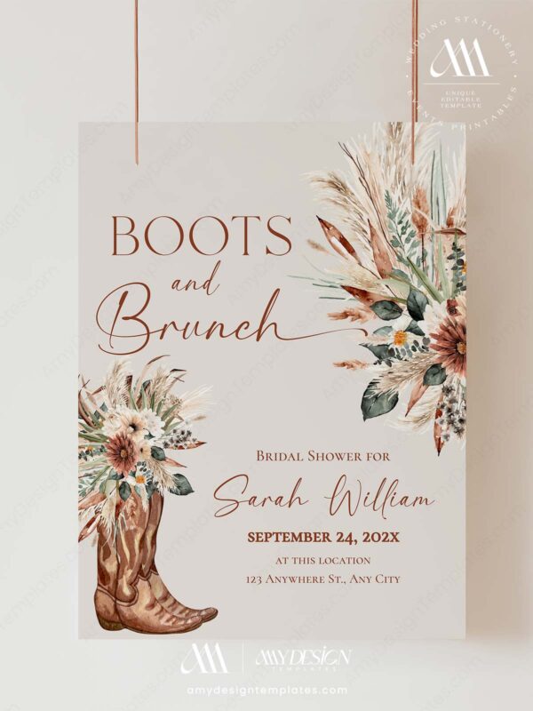 Rustic Western Boots and Brunch Neutral Bridal Shower Welcome Sign Template | Printable Cowgirl Boot Dried Floral Pampas Grass Board | Editable Beige Vertical Entrance Display