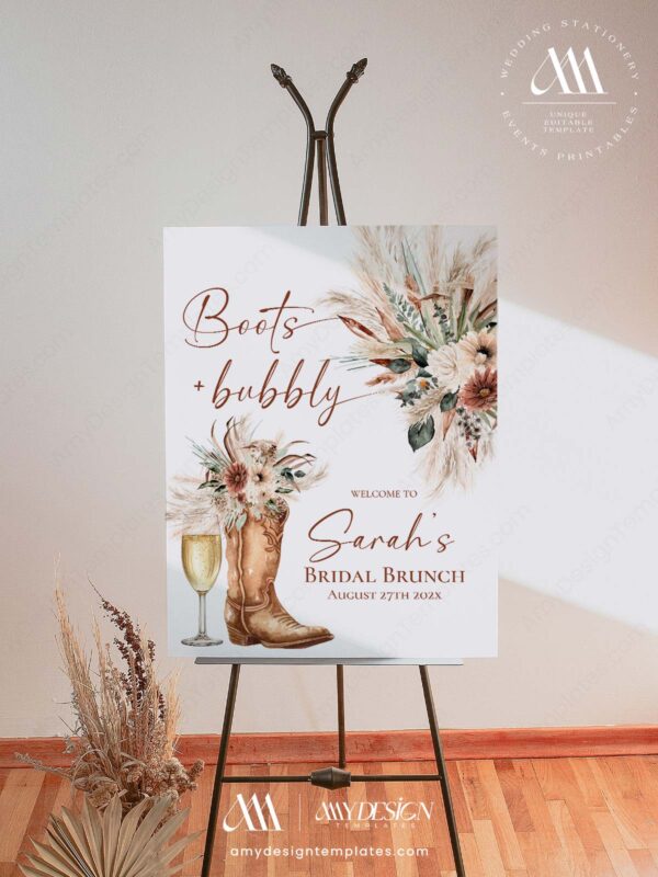 Boots and Bubbly Country Bachelorette Bridal Shower Welcome Sign Template | Printable Cowgirl Boot Champagne Glass Pampas Grass Board | Editable White Vertical Entrance Display