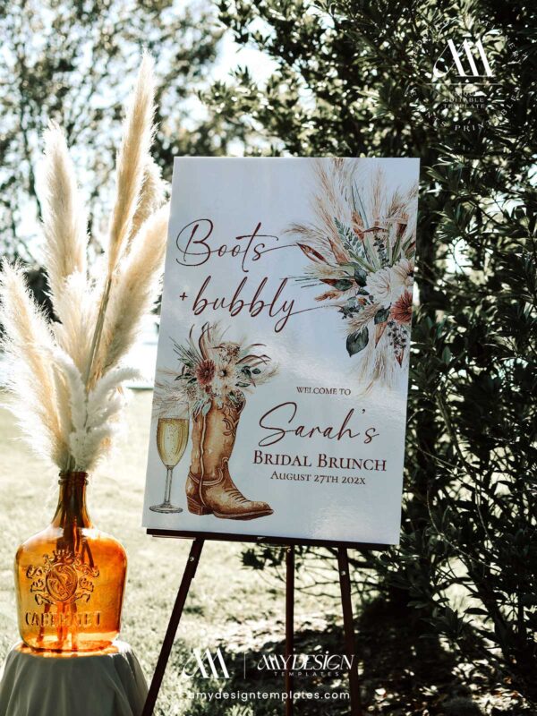 Boots and Bubbly Country Bachelorette Bridal Shower Welcome Sign Template | Printable Cowgirl Boot Champagne Glass Pampas Grass Board | Editable White Vertical Entrance Display Boots and Bubbly Country Bachelorette Bridal Shower Welcome Sign Template | Printable Cowgirl Boot Champagne Glass Pampas Grass Board | Editable White Vertical Entrance Display