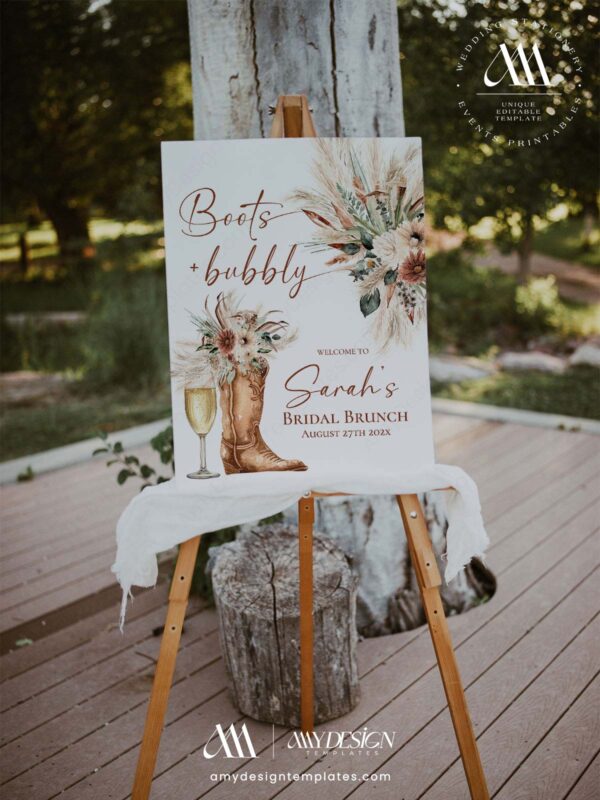 Boots and Bubbly Country Bachelorette Bridal Shower Welcome Sign Template | Printable Cowgirl Boot Champagne Glass Pampas Grass Board | Editable White Vertical Entrance Display