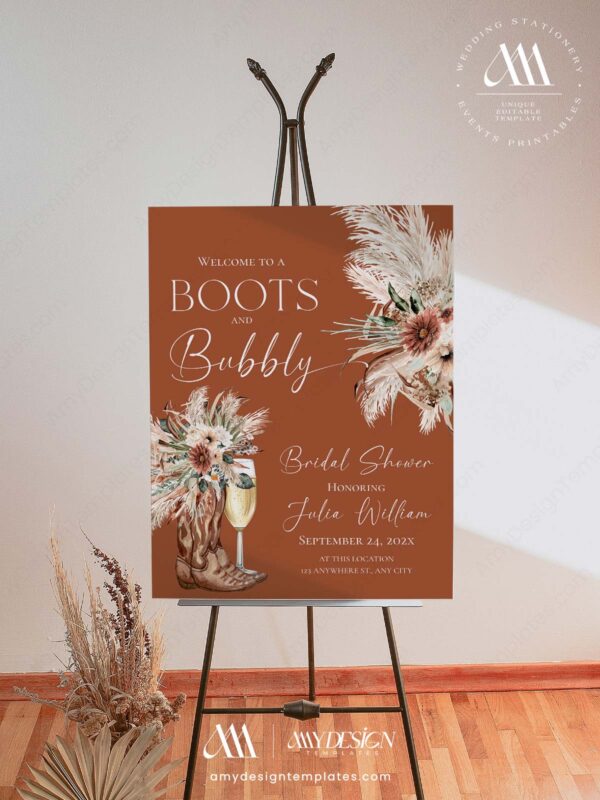 Boots and Bubbly Terracotta Western Bridal Shower Welcome Sign Template | Printable Cowgirl Boot Champagne Glass Pampas Grass Board | Editable Terracotta Vertical Entrance Display