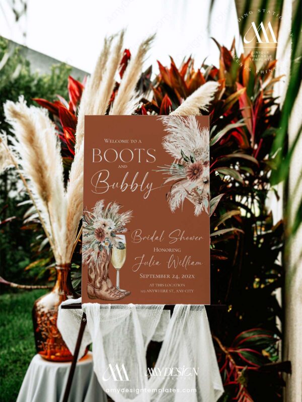Boots and Bubbly Terracotta Western Bridal Shower Welcome Sign Template | Printable Cowgirl Boot Champagne Glass Pampas Grass Board | Editable Terracotta Vertical Entrance Display
