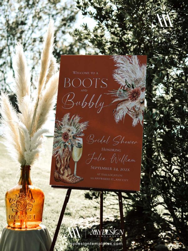 Boots and Bubbly Terracotta Western Bridal Shower Welcome Sign Template | Printable Cowgirl Boot Champagne Glass Pampas Grass Board | Editable Terracotta Vertical Entrance Display Boots and Bubbly Terracotta Western Bridal Shower Welcome Sign Template | Printable Cowgirl Boot Champagne Glass Pampas Grass Board | Editable Terracotta Vertical Entrance Display