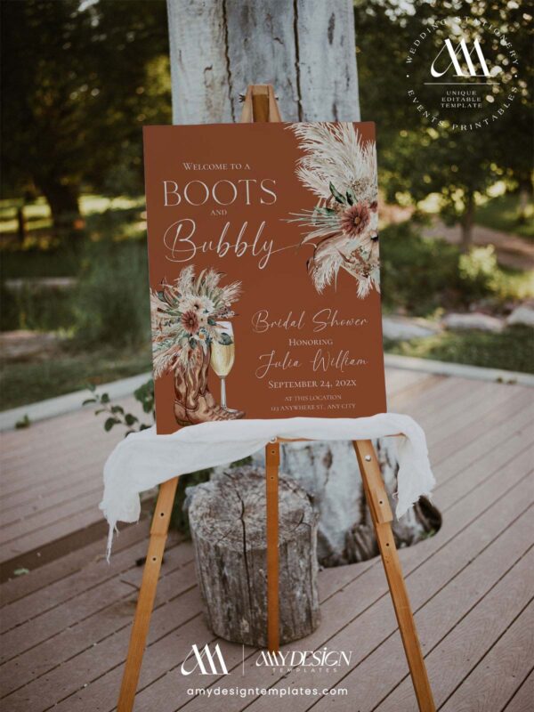 Boots and Bubbly Terracotta Western Bridal Shower Welcome Sign Template | Printable Cowgirl Boot Champagne Glass Pampas Grass Board | Editable Terracotta Vertical Entrance Display Boots and Bubbly Terracotta Western Bridal Shower Welcome Sign Template | Printable Cowgirl Boot Champagne Glass Pampas Grass Board | Editable Terracotta Vertical Entrance Display