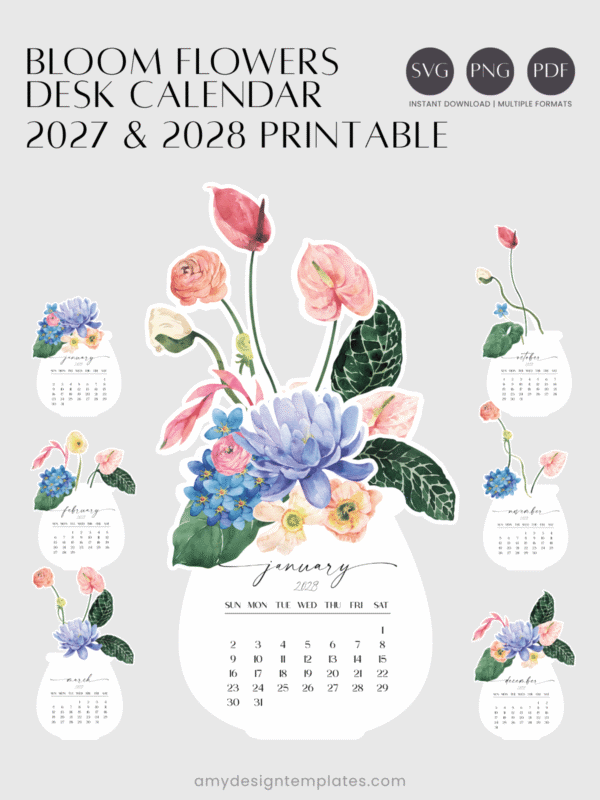 Watercolor Tropical Botanical Jar Desk Calendar Monthly Card Printable DIY | Anthurium Water Lily Monthly Cards Calendar Printable 2027 2028 Digital Download