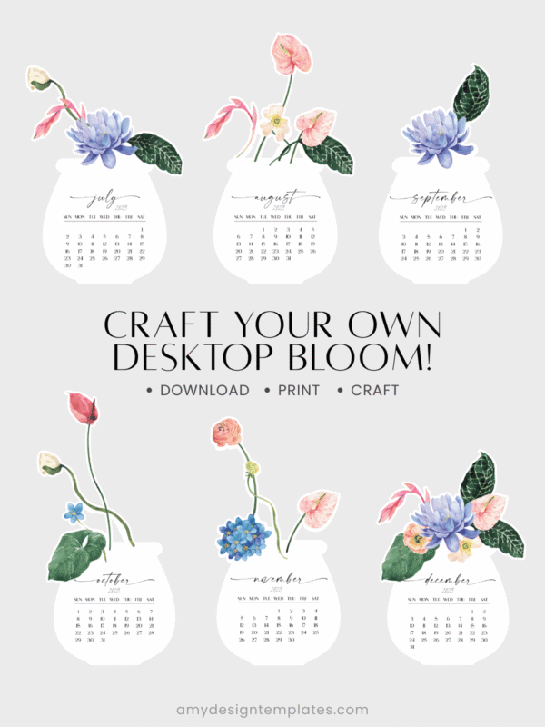 Watercolor Tropical Botanical Jar Desk Calendar Monthly Card Printable DIY | Anthurium Water Lily Monthly Cards Calendar Printable 2027 2028 Digital Download