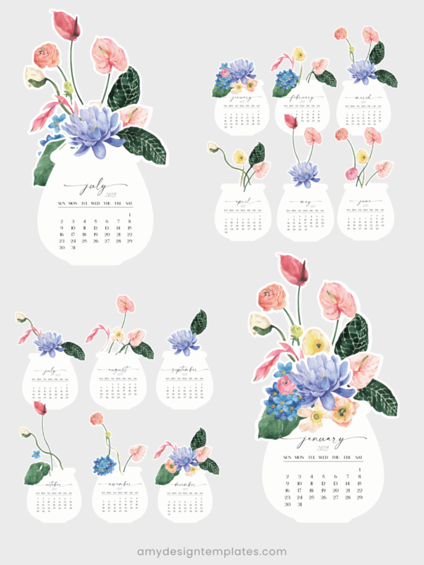 Watercolor Tropical Botanical Jar Desk Calendar Monthly Card Printable DIY | Anthurium Water Lily Monthly Cards Calendar Printable 2027 2028 Digital Download Watercolor Tropical Botanical Jar Desk Calendar Monthly Card Printable DIY | Anthurium Water Lily Monthly Cards Calendar Printable 2027 2028 Digital Download