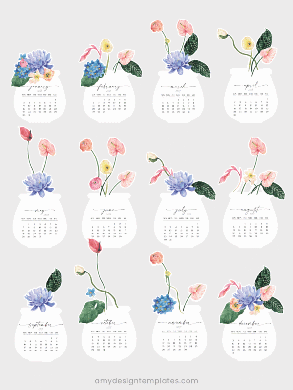 Watercolor Tropical Botanical Jar Desk Calendar Monthly Card Printable DIY | Anthurium Water Lily Monthly Cards Calendar Printable 2027 2028 Digital Download Watercolor Tropical Botanical Jar Desk Calendar Monthly Card Printable DIY | Anthurium Water Lily Monthly Cards Calendar Printable 2027 2028 Digital Download