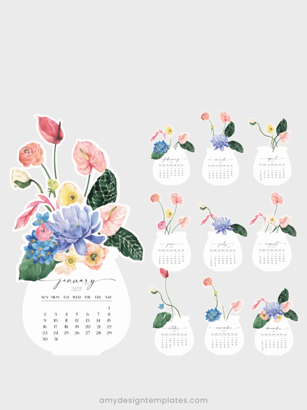 Watercolor Tropical Botanical Jar Desk Calendar Monthly Card Printable DIY | Anthurium Water Lily Monthly Cards Calendar Printable 2027 2028 Digital Download Watercolor Tropical Botanical Jar Desk Calendar Monthly Card Printable DIY | Anthurium Water Lily Monthly Cards Calendar Printable 2027 2028 Digital Download