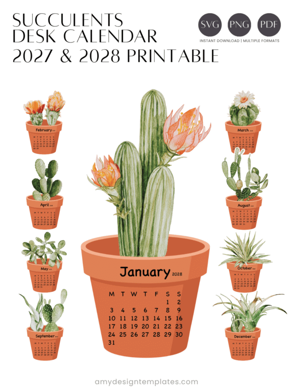 Cactus Succulent Pot Watercolor Desk Calendar Printable | Terracotta Houseplant Monthly Cards Calendar 2027 2028