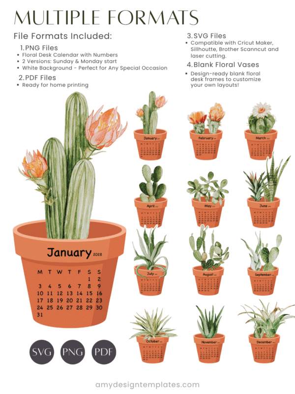 Cactus Succulent Pot Watercolor Desk Calendar Printable | Terracotta Houseplant Monthly Cards Calendar 2027 2028 Cactus Succulent Pot Watercolor Desk Calendar Printable | Terracotta Houseplant Monthly Cards Calendar 2027 2028