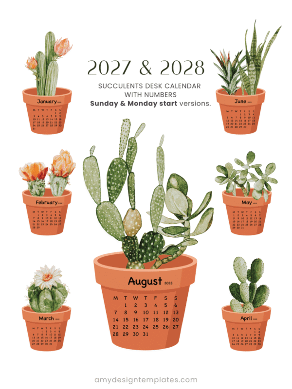 Cactus Succulent Pot Watercolor Desk Calendar Printable | Terracotta Houseplant Monthly Cards Calendar 2027 2028 Cactus Succulent Pot Watercolor Desk Calendar Printable | Terracotta Houseplant Monthly Cards Calendar 2027 2028