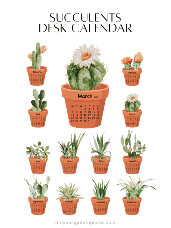 Cactus Succulent Pot Watercolor Desk Calendar Printable | Terracotta Houseplant Monthly Cards Calendar 2027 2028 Cactus Succulent Pot Watercolor Desk Calendar Printable | Terracotta Houseplant Monthly Cards Calendar 2027 2028