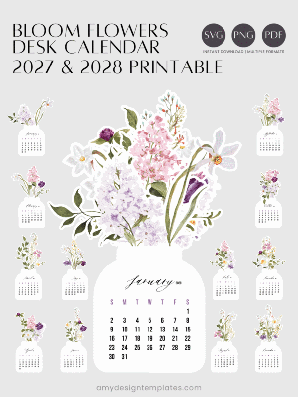 Lilac Narcissus Watercolor Jar Desk Calendar Monthly Cards Printable | Vintage Botanical Monthly Cards Printable Calendar 2027 208 | Vase Aesthetic Office Decor